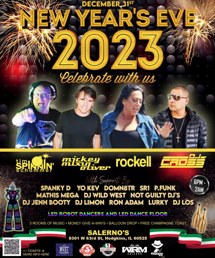 Flyer for the New Years Eve party at Salerno's in Hodgkins, IL with Tim Spinnin Schommer, DJ Cross, Lurky and more